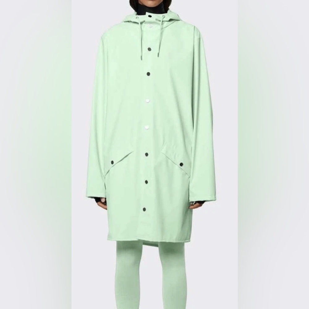 Rains NWT Light Green Mineral Hooded Raincoat Long Jacket Size XL